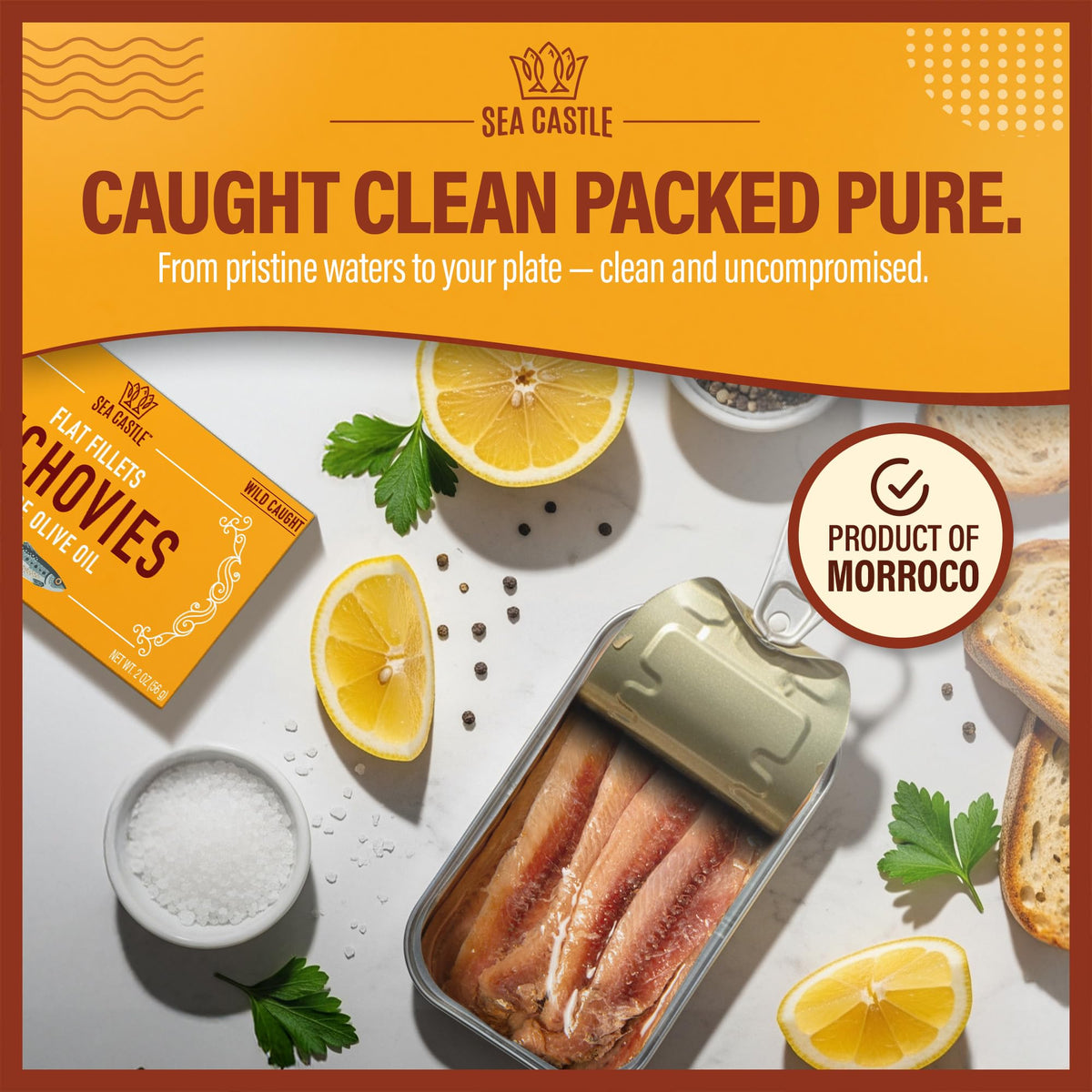 Sea Castle flat fillets anchovies showing delicate texture and compact form.