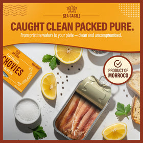 Sea Castle flat fillets anchovies showing delicate texture and compact form.