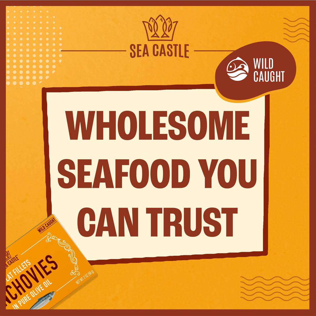 Sea Castle product shot on wood board highlighting premium packaging.