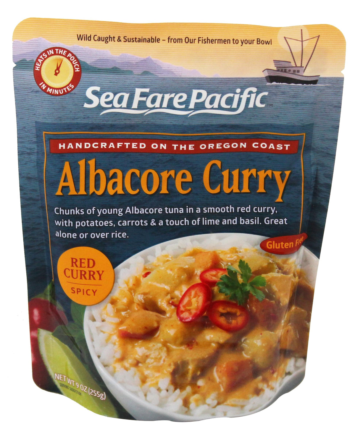 Sea Fare Pacific albacore red curry pack, ready-to-eat high-protein meal.