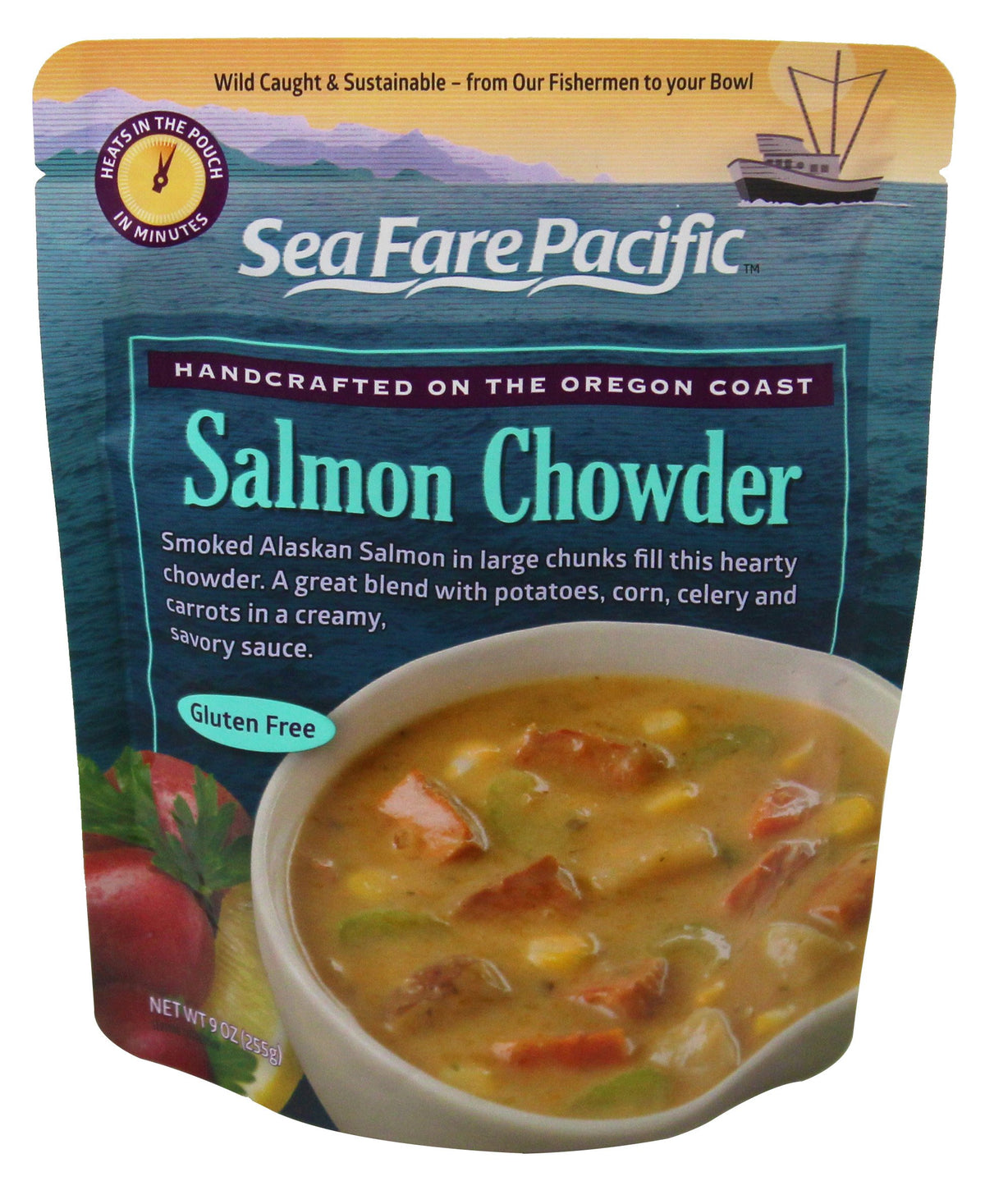 Sea Fare Pacific Smoked Salmon Chowder pack of eight, ready-to-heat portions.