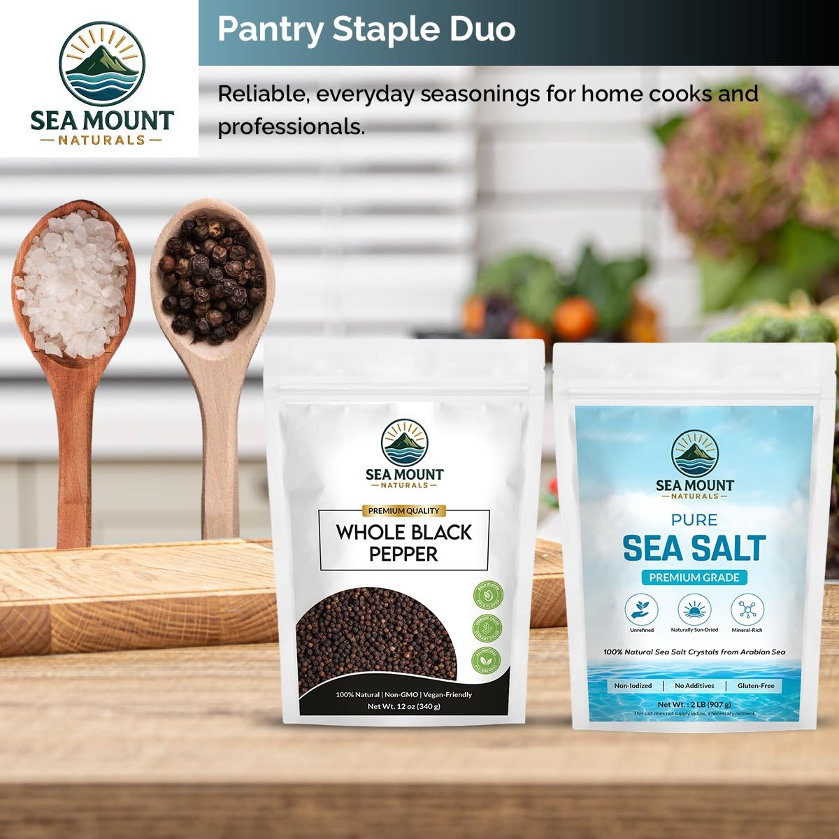 Sea Mount Naturals ready-to-use salt and pepper for elevating dishes.