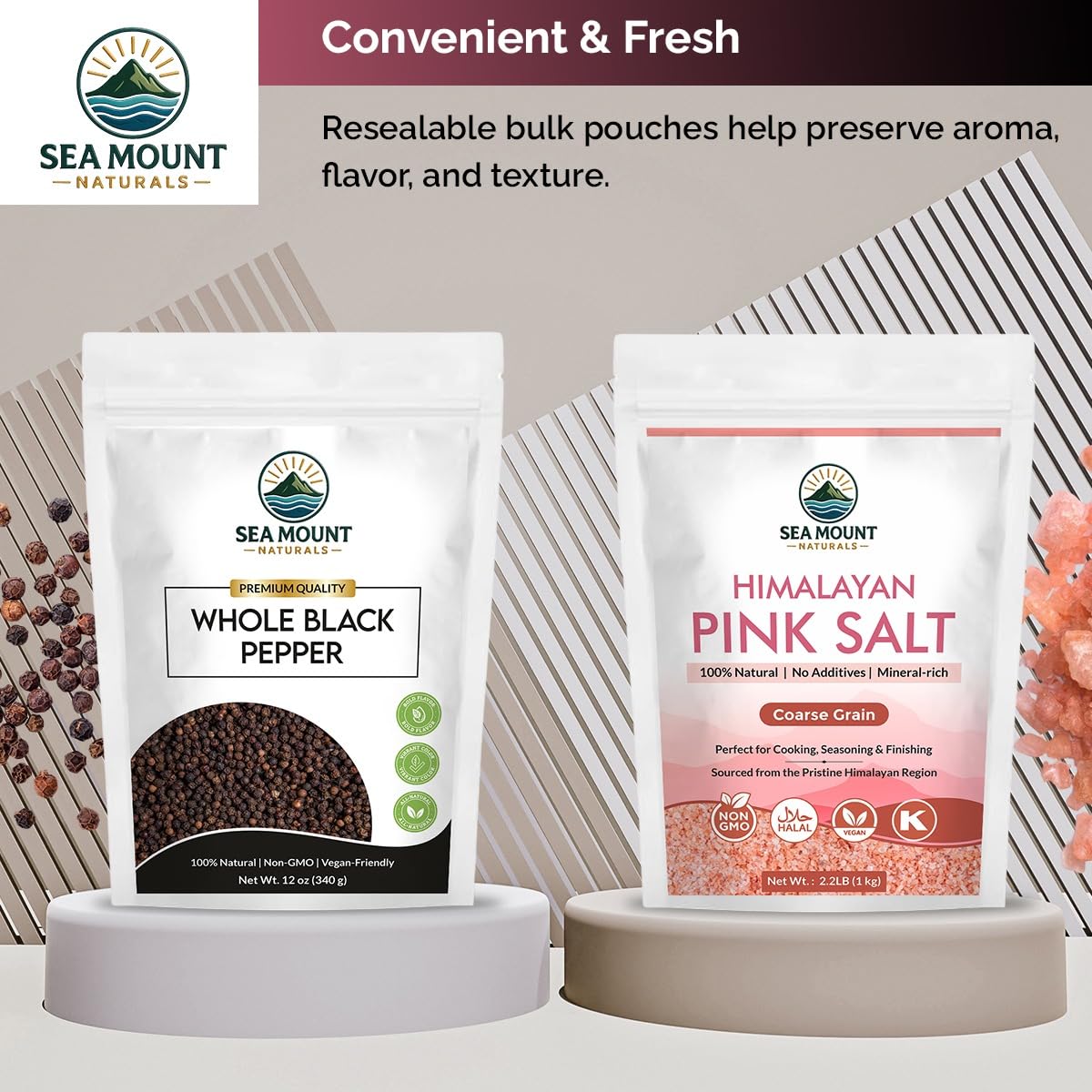 Sea Mount Naturals daily cooking setup highlighting salt and pepper duo