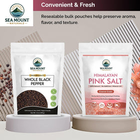 Sea Mount Naturals daily cooking setup highlighting salt and pepper duo