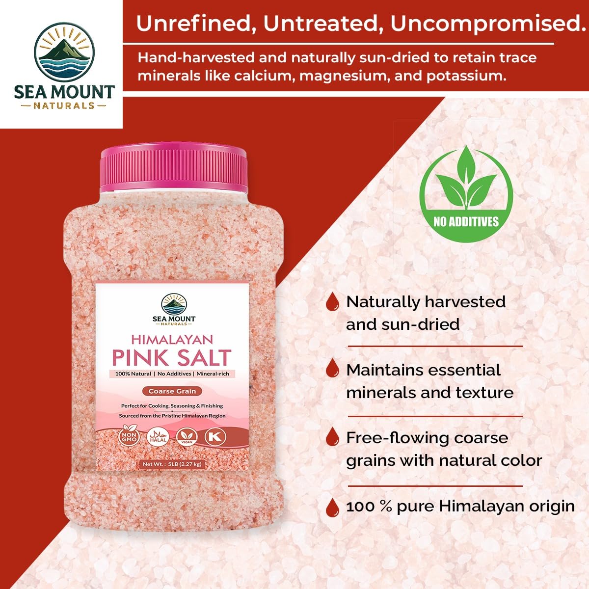 Sea Mount Naturals Himalayan Pink Salt coarse crystals closeup shows natural color