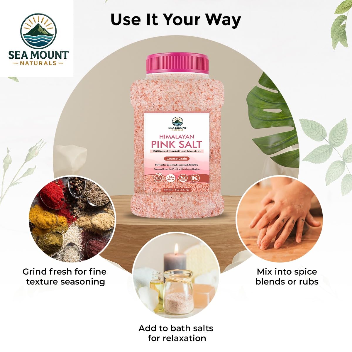 Sea Mount Naturals Himalayan Pink Salt kitchen setup for versatile cooking and finishing