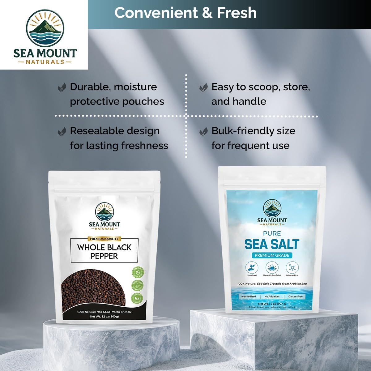 Sea Mount Naturals kitchen scene with salt and pepper for meals.