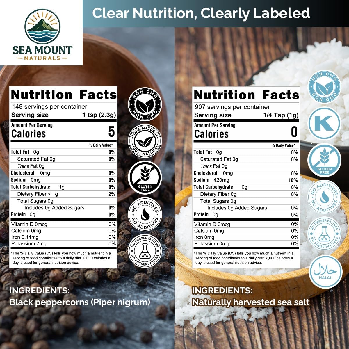 Sea Mount Naturals pure sea salt coarse crystals enhance flavor with mineral notes.