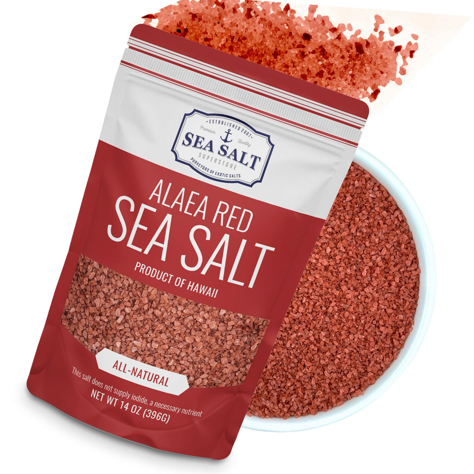 Sea Salt Superstore Alaea Red Salt coarse crystals add color to finishing dishes