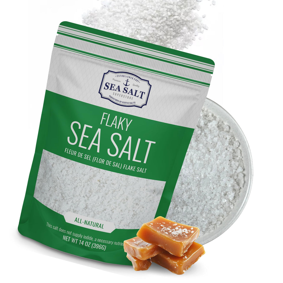 Sea Salt Superstore Baja Fleur de Sel flakes bag ideal for finishing gourmet dishes.