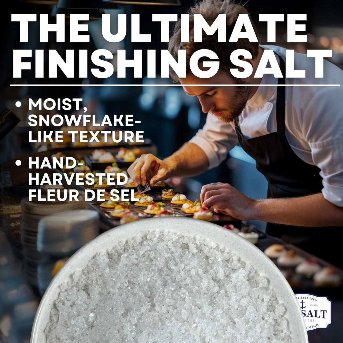 Close-up of Baja Fleur de Sel flakes showing delicate crystals for flavor.