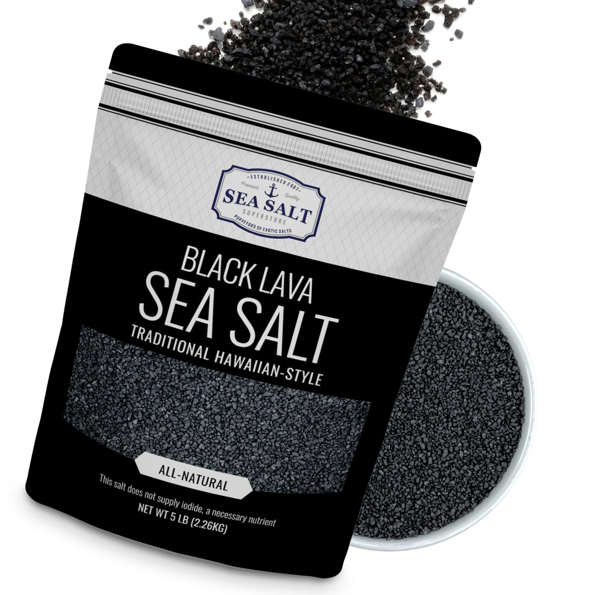 Sea Salt Superstore Black Lava Charcoal bottle pour enhances dishes with a mild smoky finish.