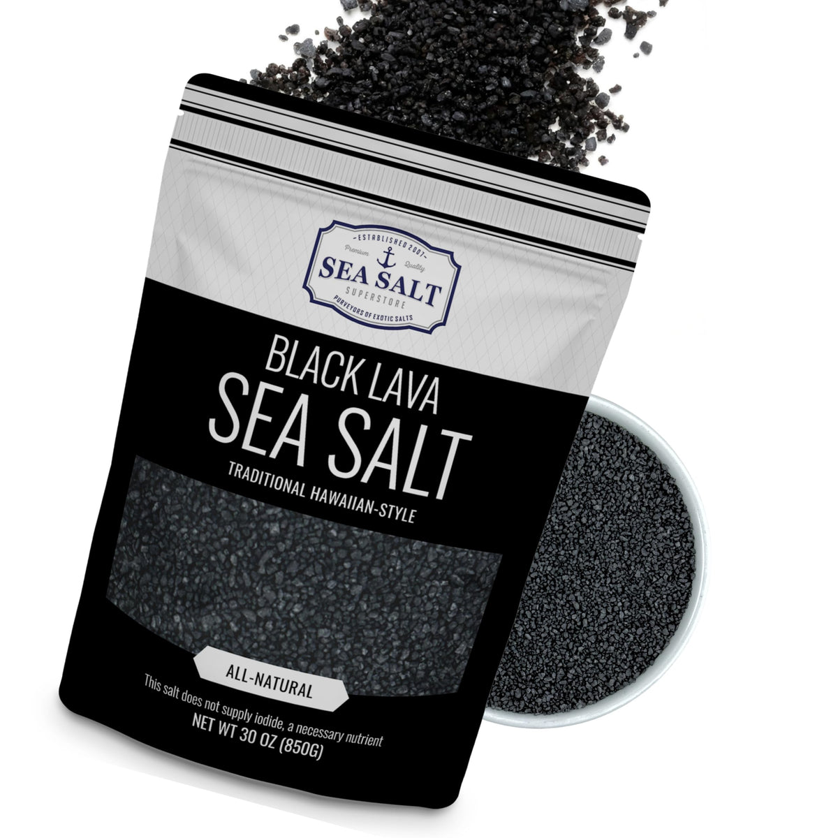 Sea Salt Superstore Black Lava Charcoal bottle for grilling adds mild smoky notes