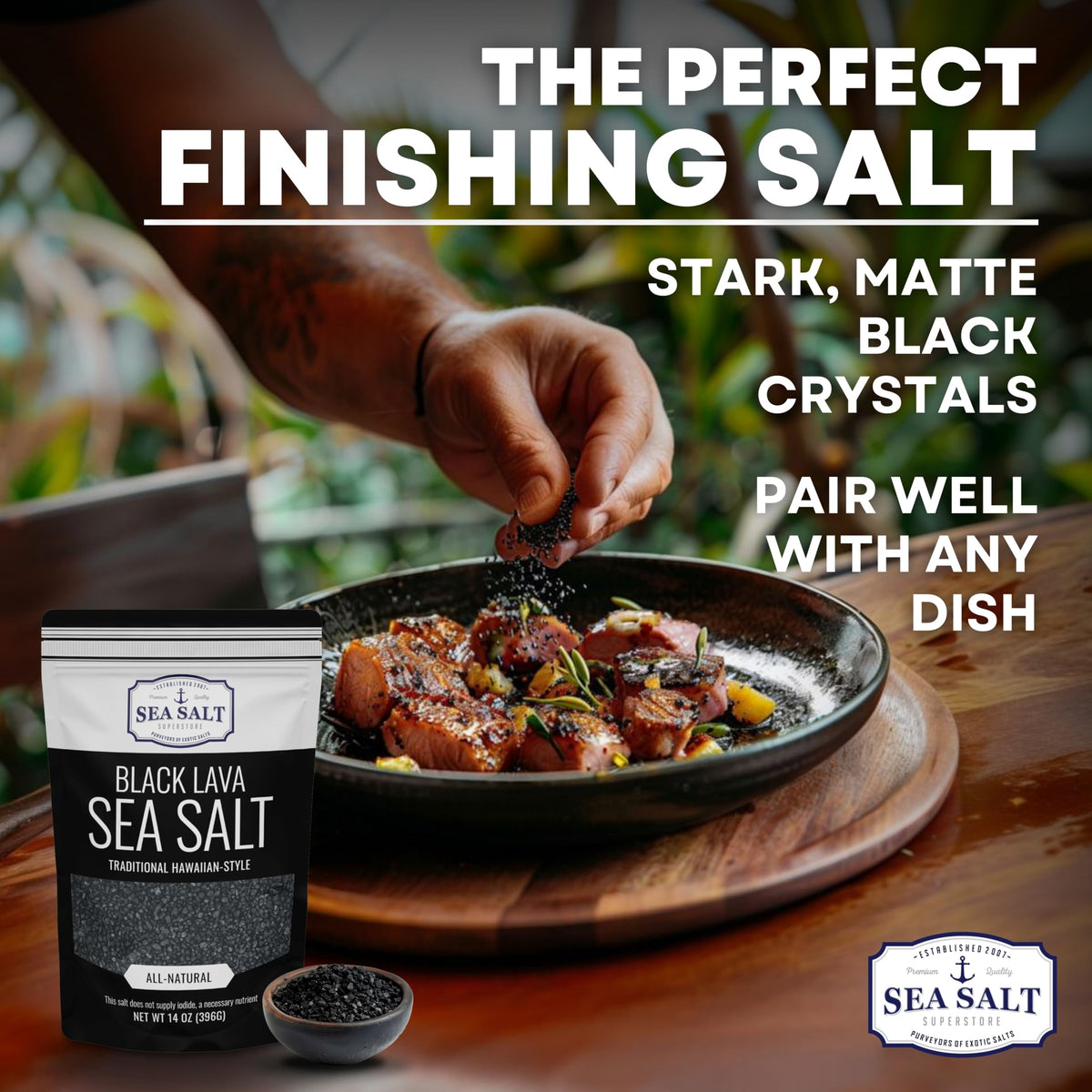 Pouring Sea Salt Superstore Black Lava Charcoal over vegetables