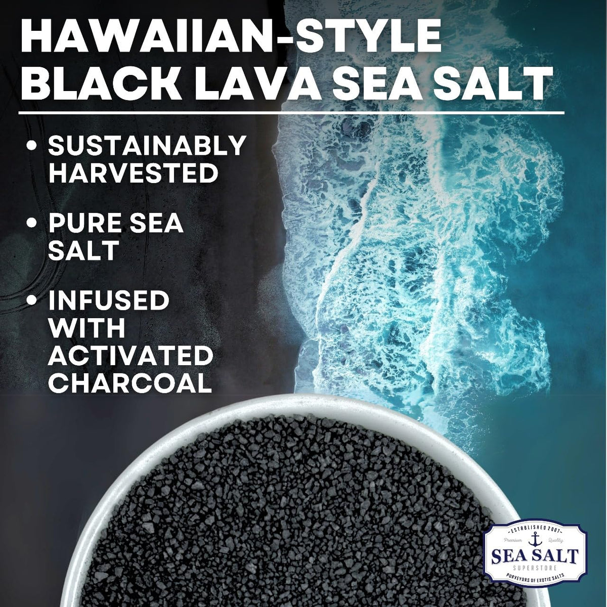 Close-up of Sea Salt Superstore Black Lava texture with charcoal flecks