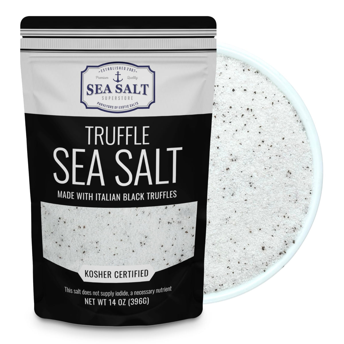 Sea Salt Superstore black truffle salt bottle close-up, premium flavor boost.