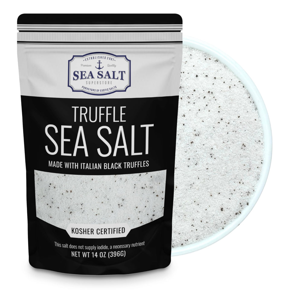 Sea Salt Superstore black truffle salt bottle close-up, premium flavor boost.