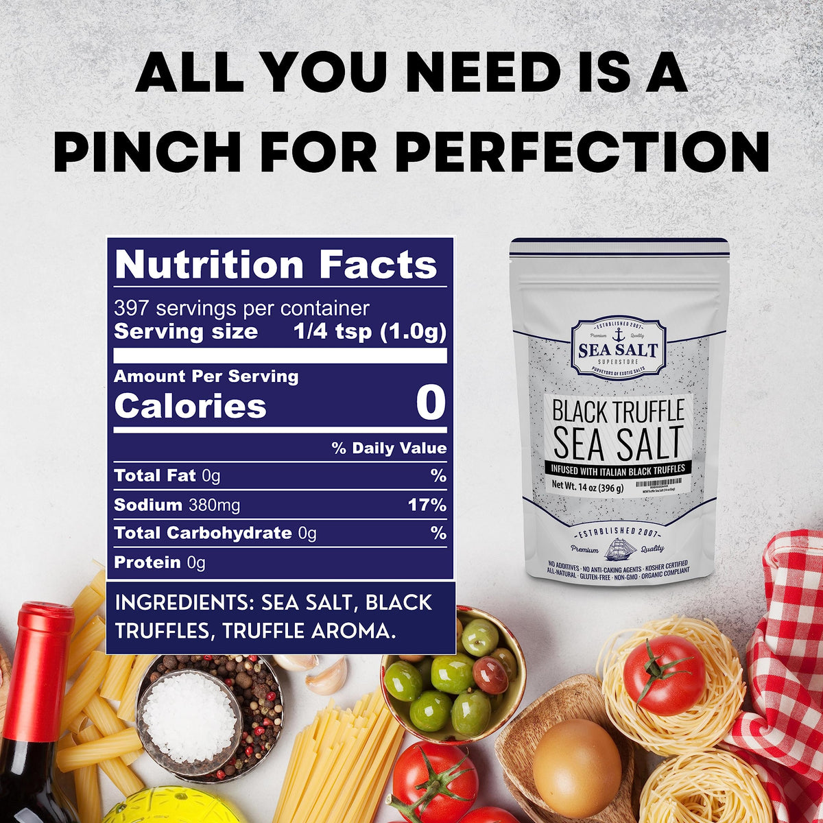 Sea Salt Superstore black truffle salt tin with label for gourmet meals.