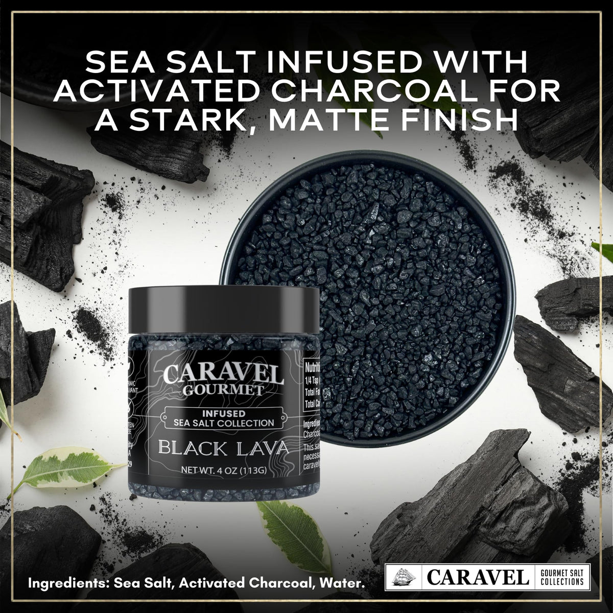 Sea Salt Superstore Black Lava salt jar with activated charcoal finishing touch