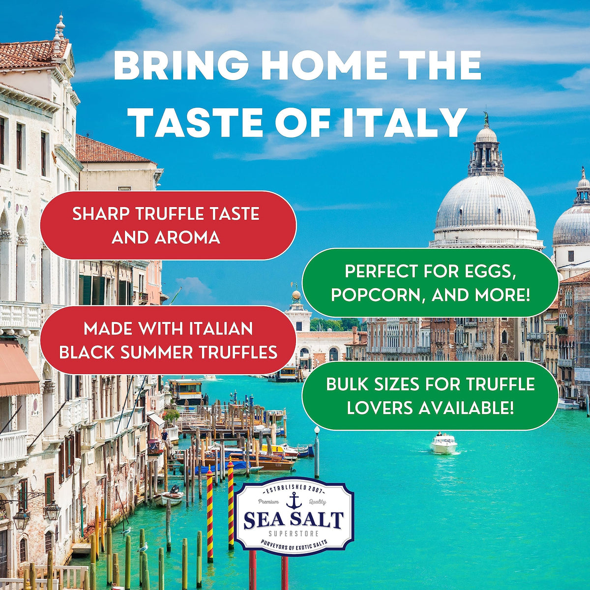 Sea Salt Superstore Italian sea salt infused with truffle essence in jar.