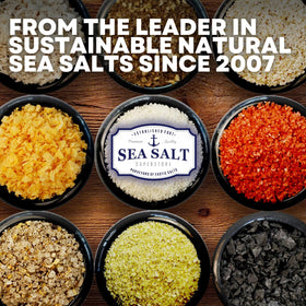 Kitchen counter display of Sea Salt Superstore Baja Fleur de Sel salt.