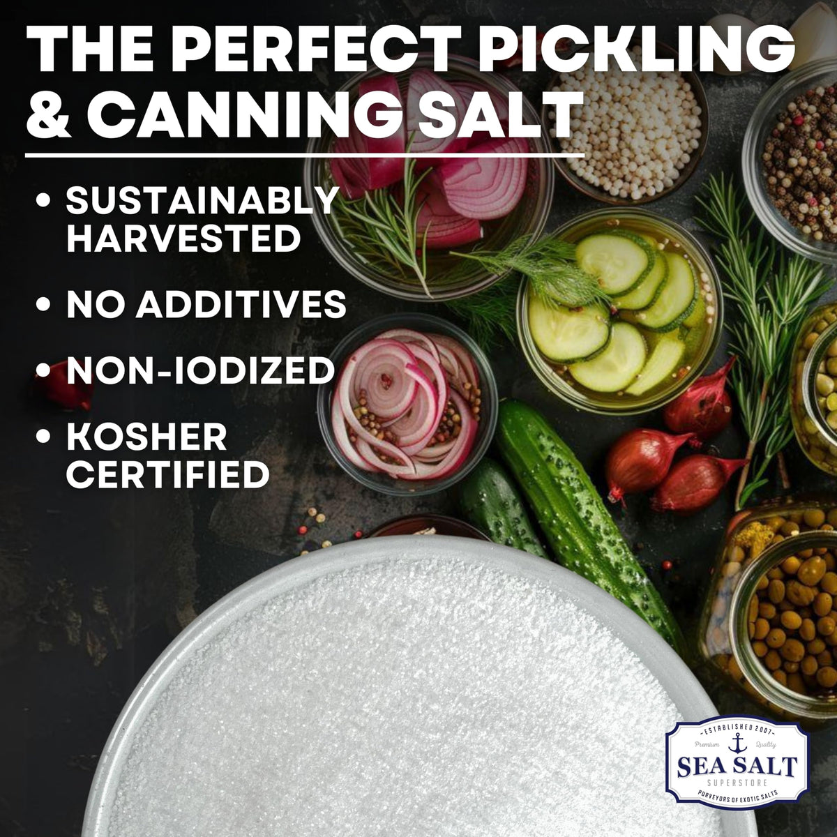 Sea Salt Superstore non-iodized salt being poured from shaker for brining