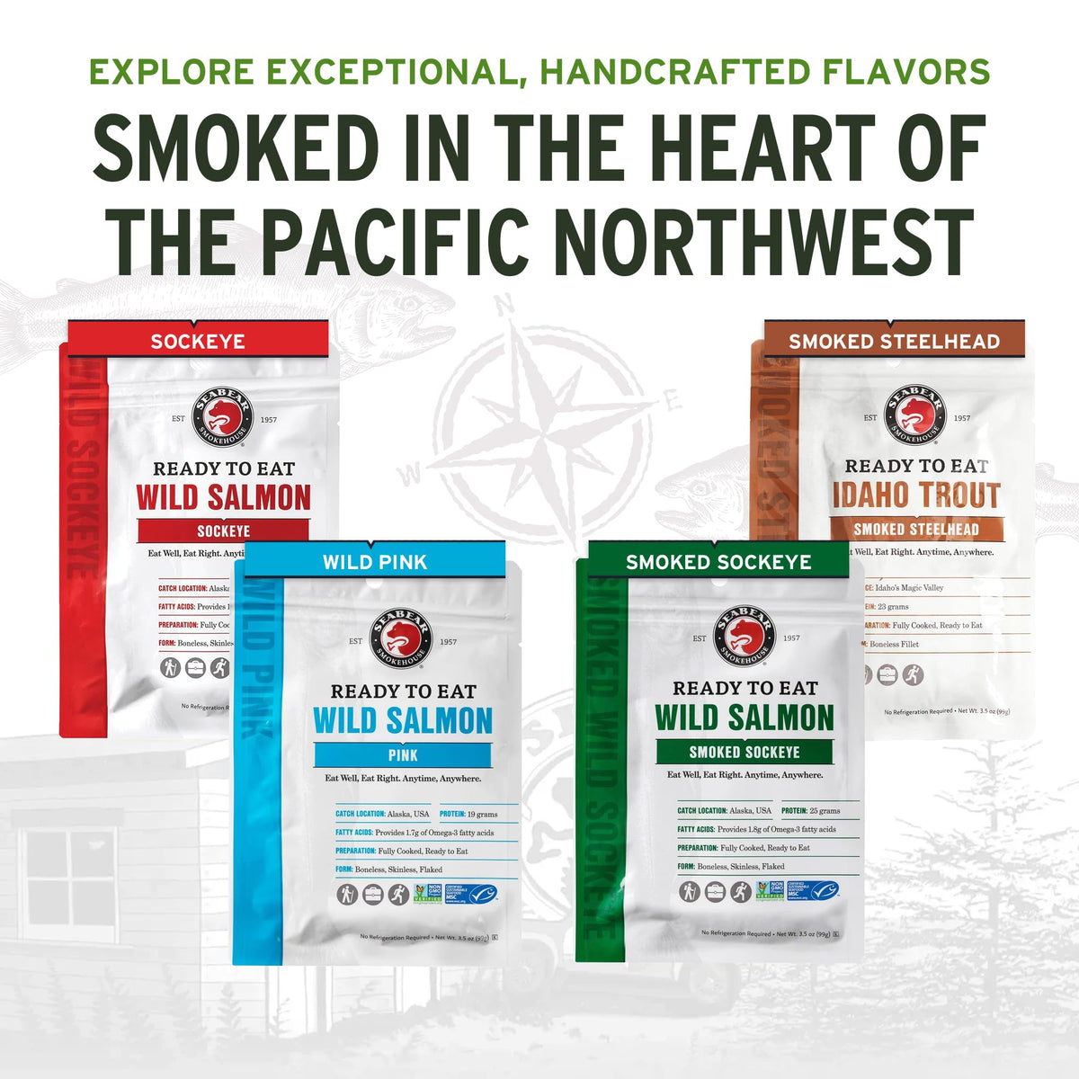 SeaBear gold seal pouch packaging preserves flavor without refrigeration.
