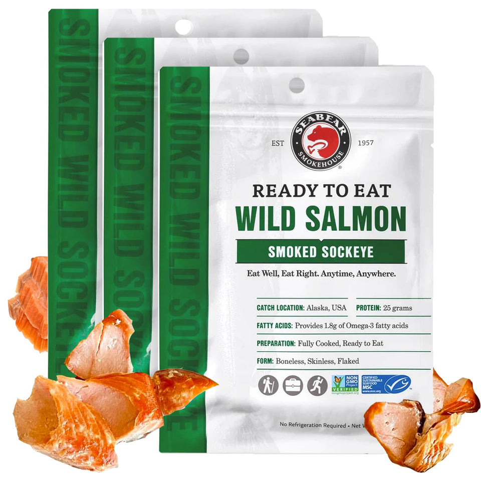 SeaBear ready-to-eat smoked sockeye salmon pouch, front view, convenient meal option.