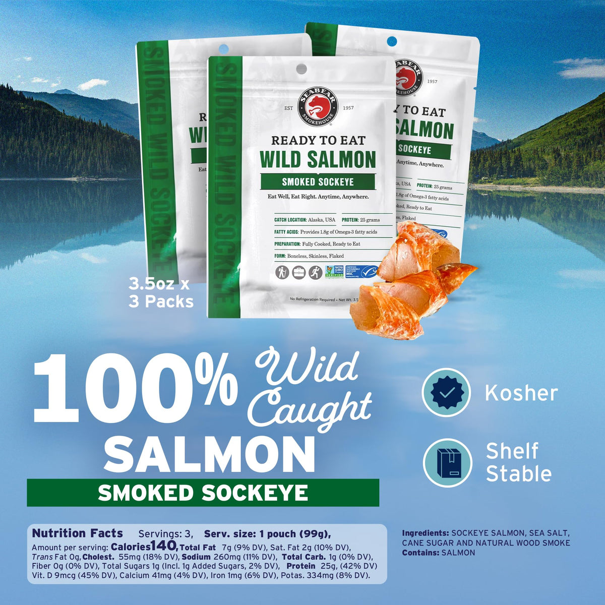 SeaBear smoked sockeye salmon pouch open, ready-to-serve for quick snack.