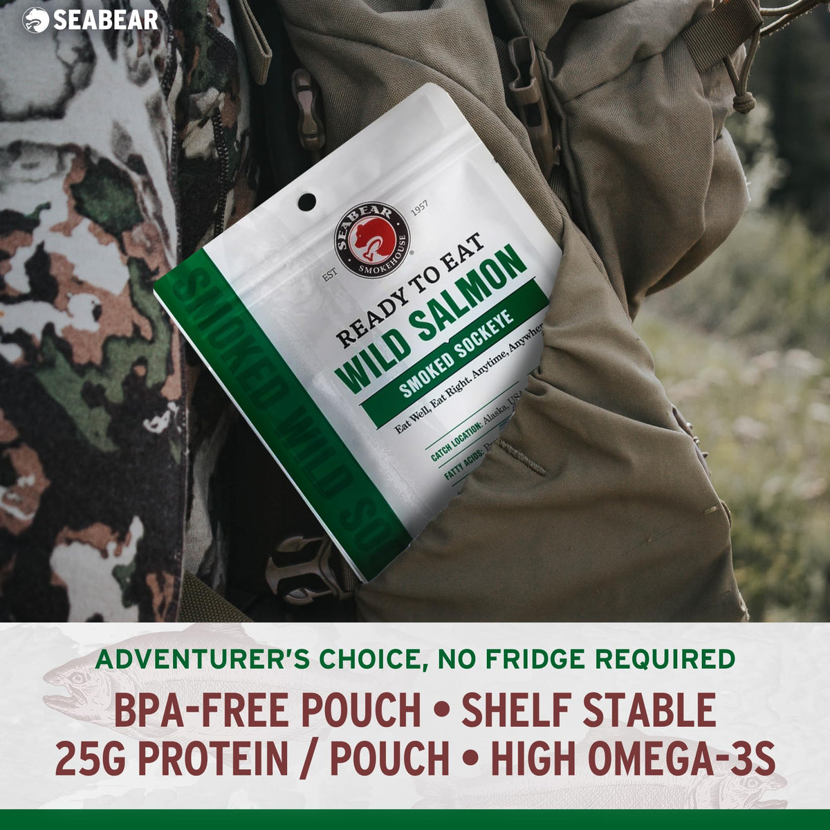 SeaBear ready-to-eat trio pack, three pouches for meals on the go.