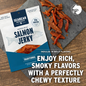 SeaBear cold-smoked king salmon jerky close-up texture for chewy bite.