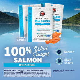 Open pouch reveals flaky pink salmon texture ideal for salads.