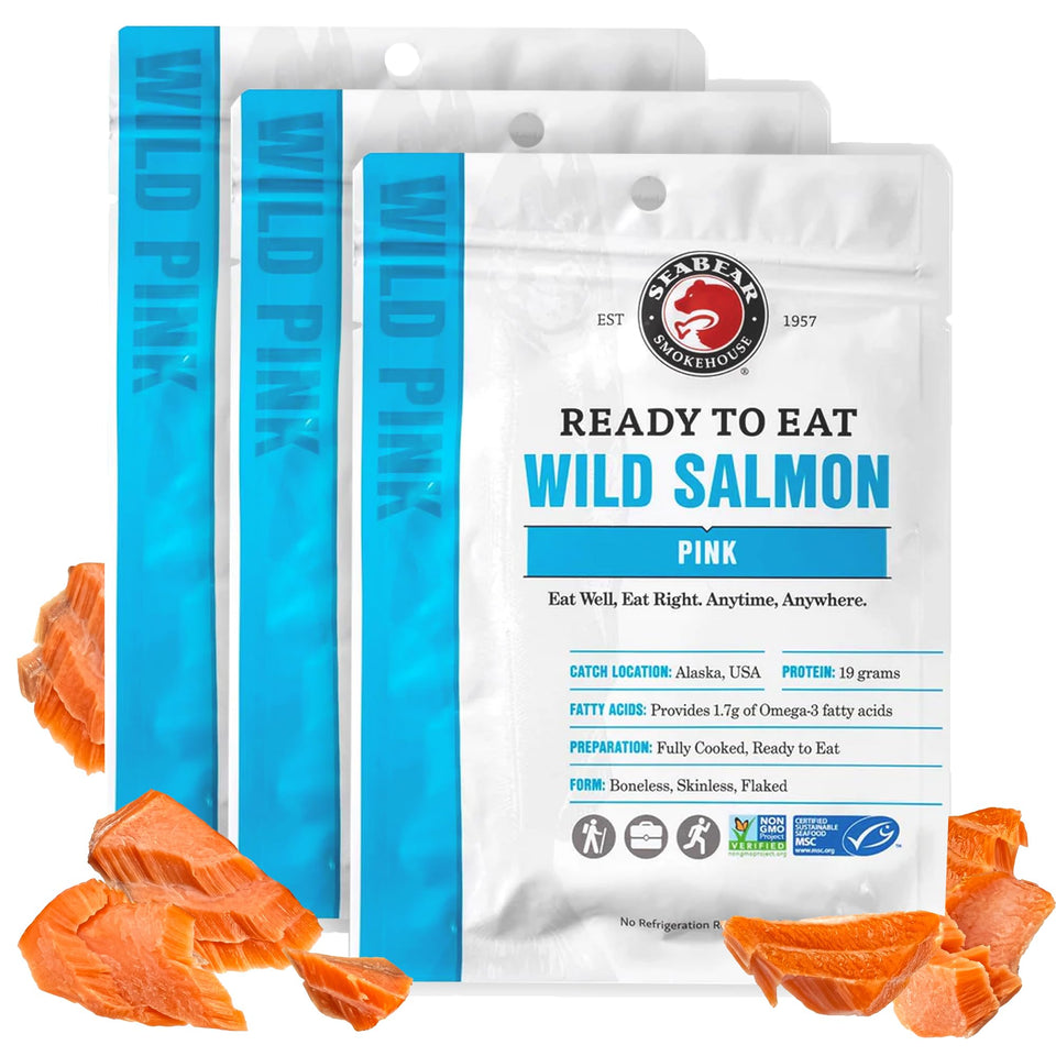 SeaBear ready-to-eat wild pink salmon in Gold Seal pouch for on-the-go meals.