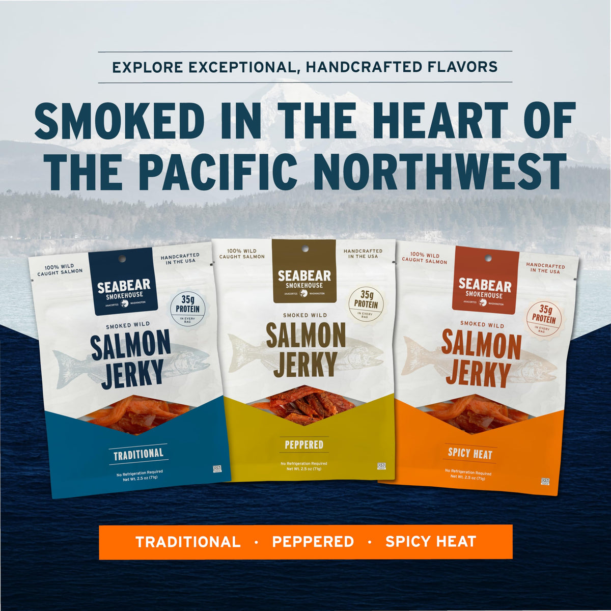 SeaBear smoked salmon jerky plated on slate, highlighting savory flavor.