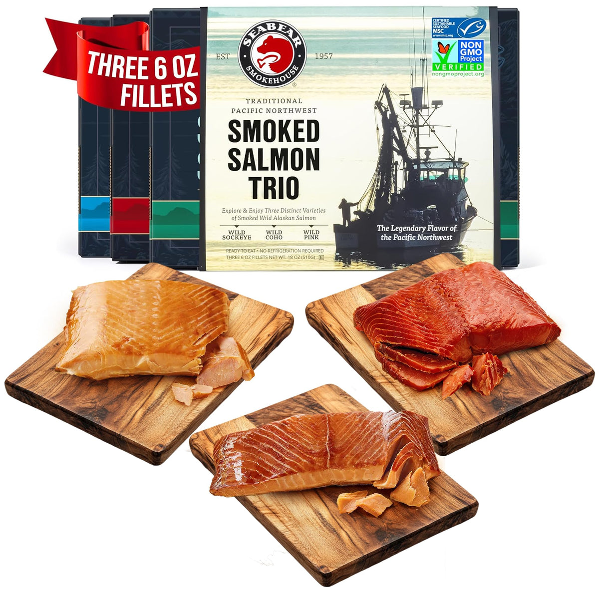 SeaBear Smoked Salmon Trio Box shows three wild varieties for versatile serving options