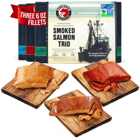 SeaBear Smoked Salmon Trio Box shows three wild varieties for versatile serving options
