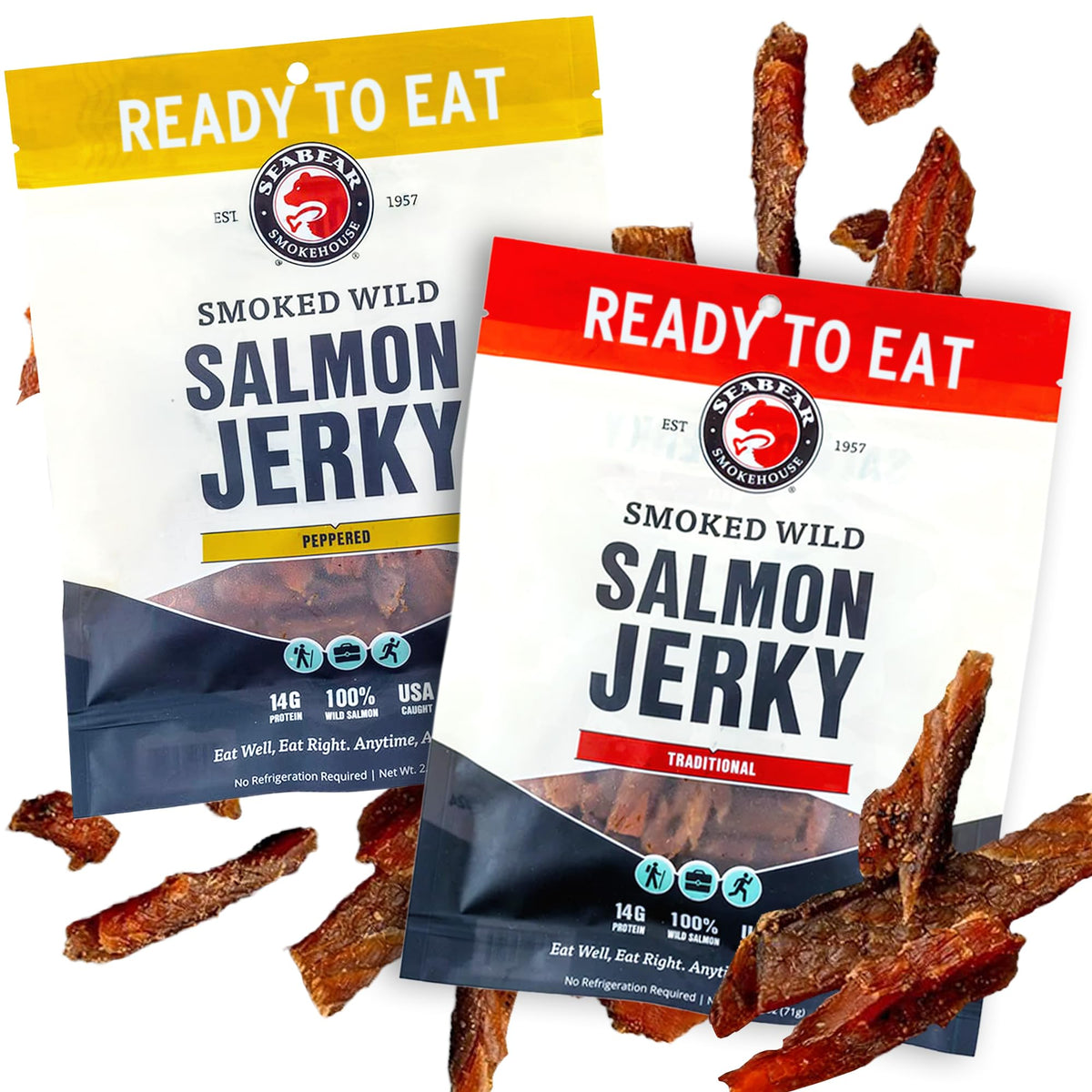 SeaBear Traditional salmon jerky bag highlights smoky, savory flavor for a quick protein snack.