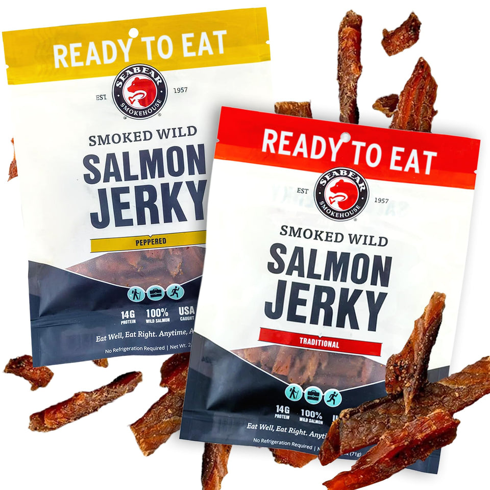 SeaBear Traditional salmon jerky bag highlights smoky, savory flavor for a quick protein snack.
