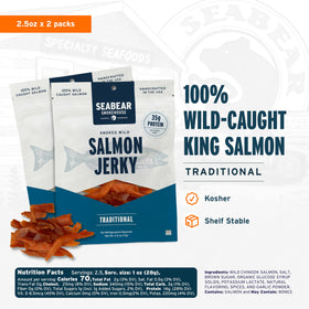 SeaBear jerky two-pack back showing ingredients and clean snacking promise.