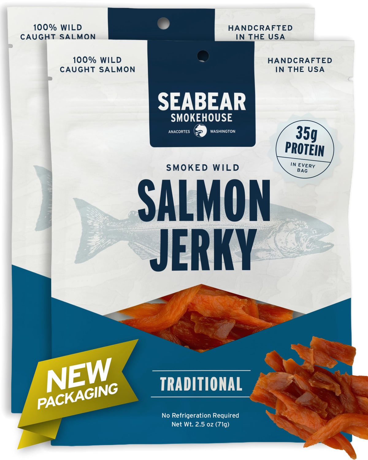 SeaBear traditional wild king salmon jerky two-pack front view, ready-to-eat protein.