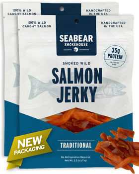 SeaBear traditional wild king salmon jerky two-pack front view, ready-to-eat protein.