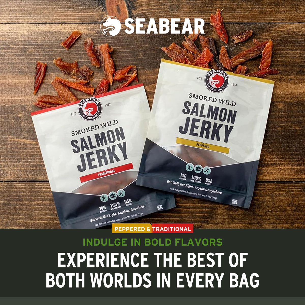 SeaBear 2-pack box front view highlights Traditional and Peppered flavors.
