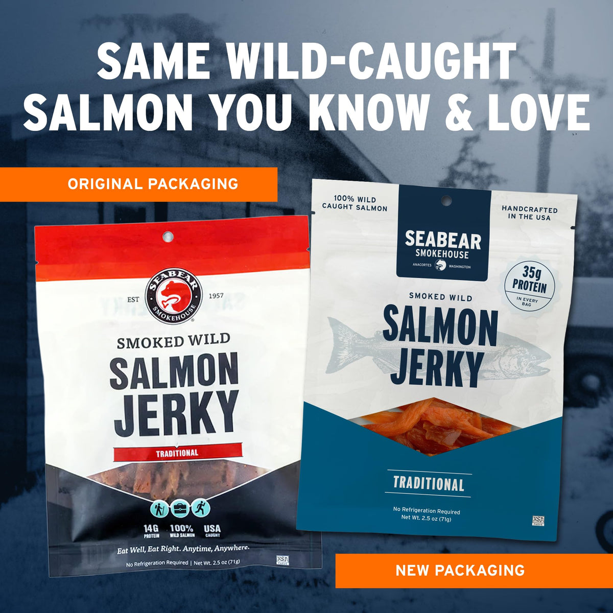 SeaBear wild salmon nutrition label highlighting omega-3 and protein content.