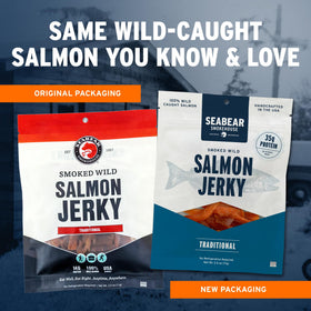 SeaBear wild salmon nutrition label highlighting omega-3 and protein content.