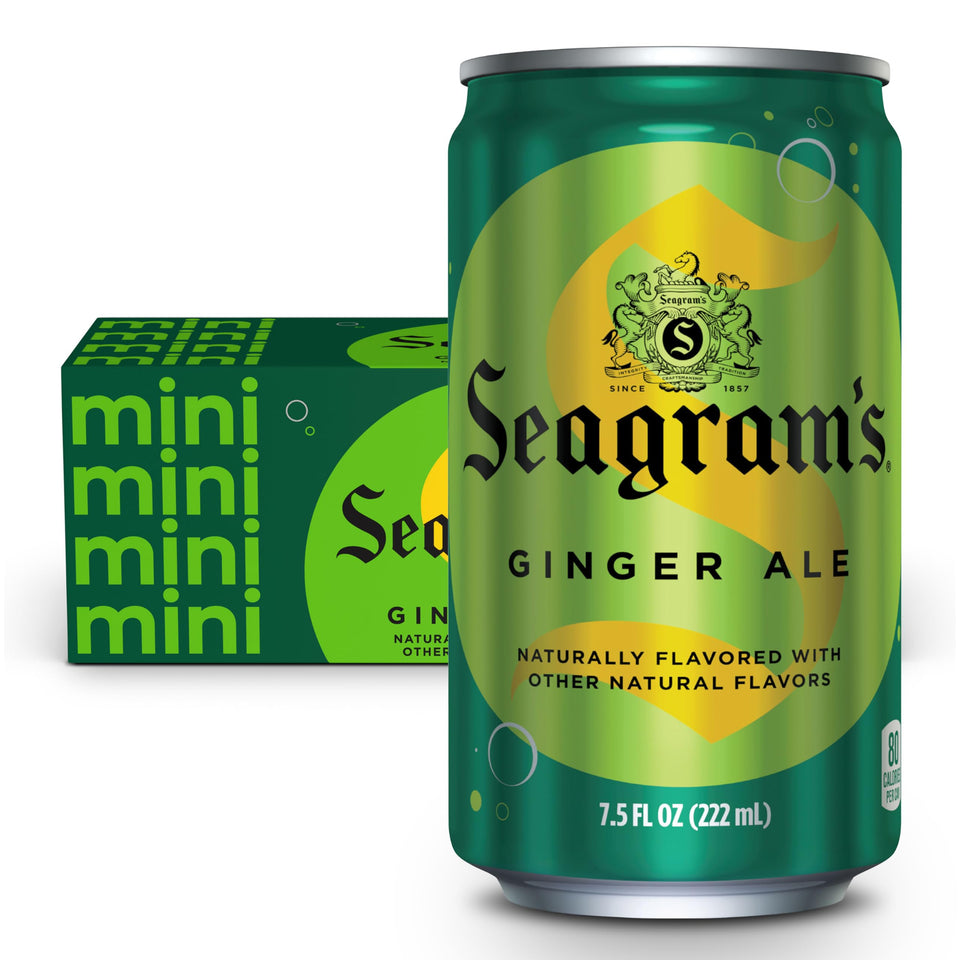 Seagram's Ginger Ale can on ice, ideal for entertaining and easy serving.