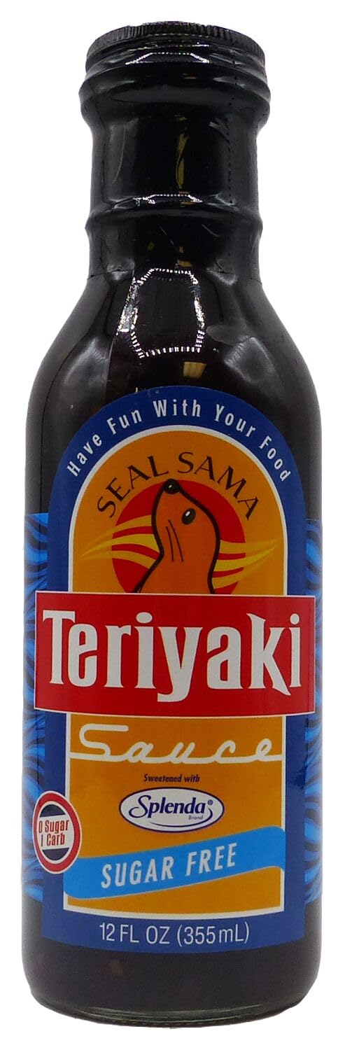 Seal Sama Sugar Free Teriyaki Sauce bottle pouring glaze for low-sugar meals