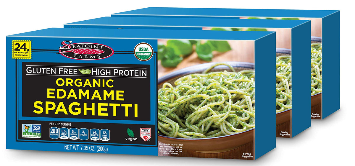Seapoint Farms edamame spaghetti pack, high-protein gluten-free pasta for quick meals.