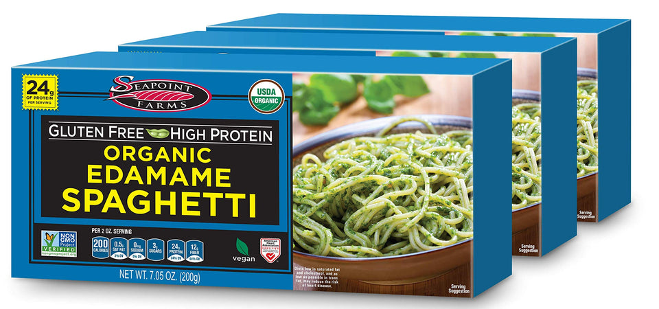 Seapoint Farms edamame spaghetti pack, high-protein gluten-free pasta for quick meals.