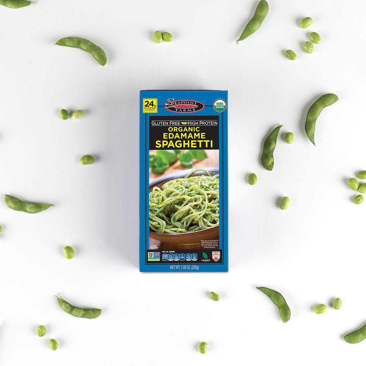 Uncooked edamame spaghetti shows a single-ingredient, plant-based option from Seapoint Farms.