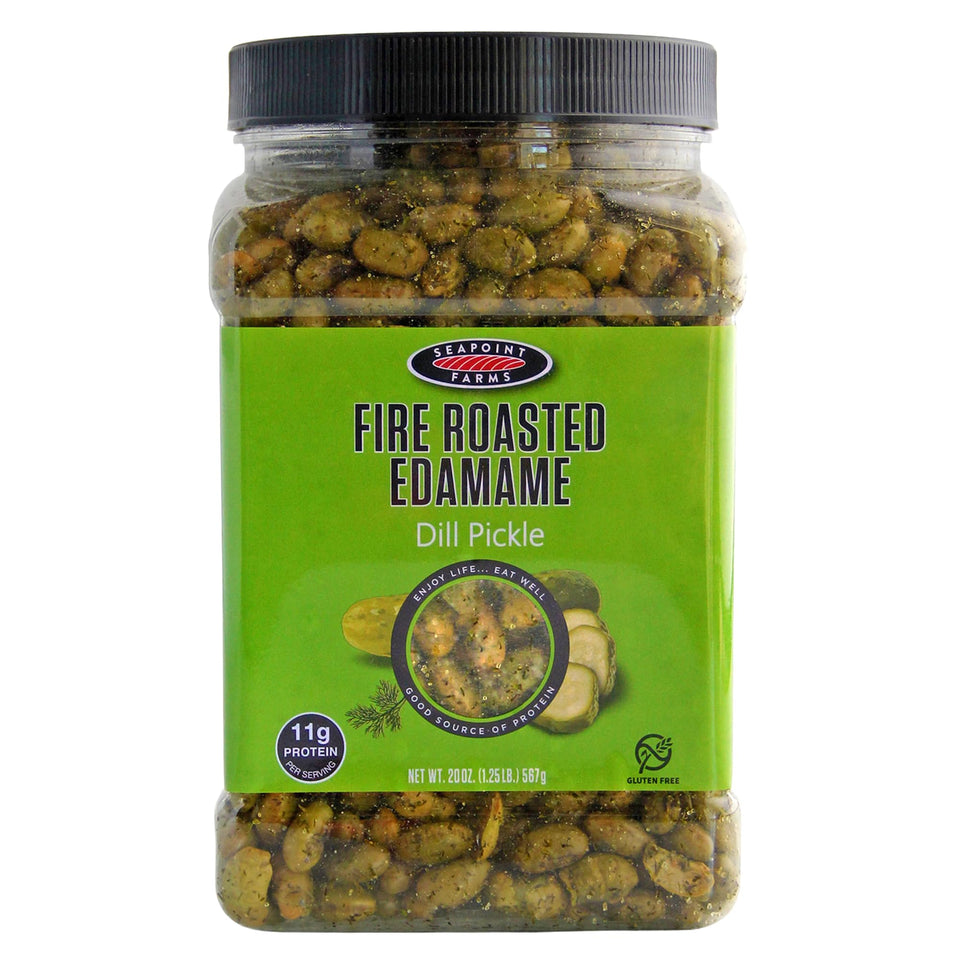 Seapoint Farms fire roasted edamame dill pickle jar on kitchen shelf for healthy snacking.